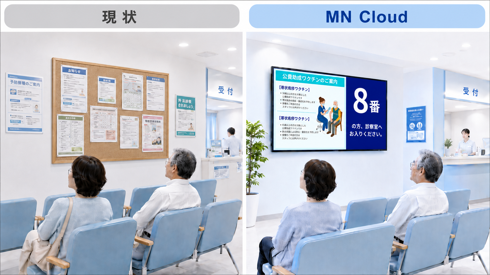 導入前後の比較：貼り紙からデジタルサイネージへ